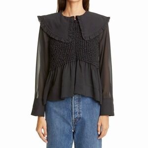 GANNI Ruffle Collar Smocked Chiffon Black Top Blouse Ruffled Size 38 / US 6
